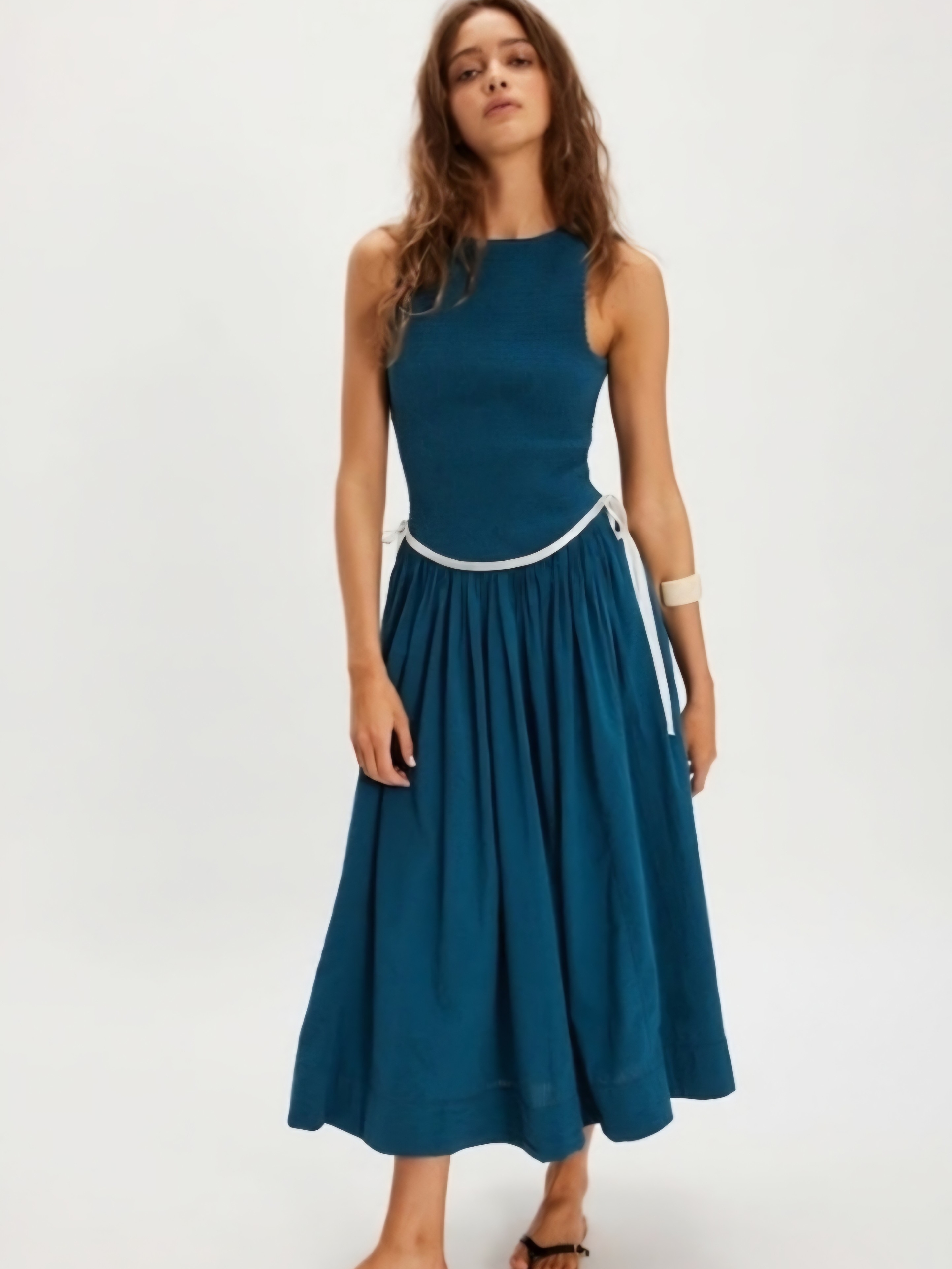 Free People Teal Sleeveless Maxi Dress With White Waist Tie